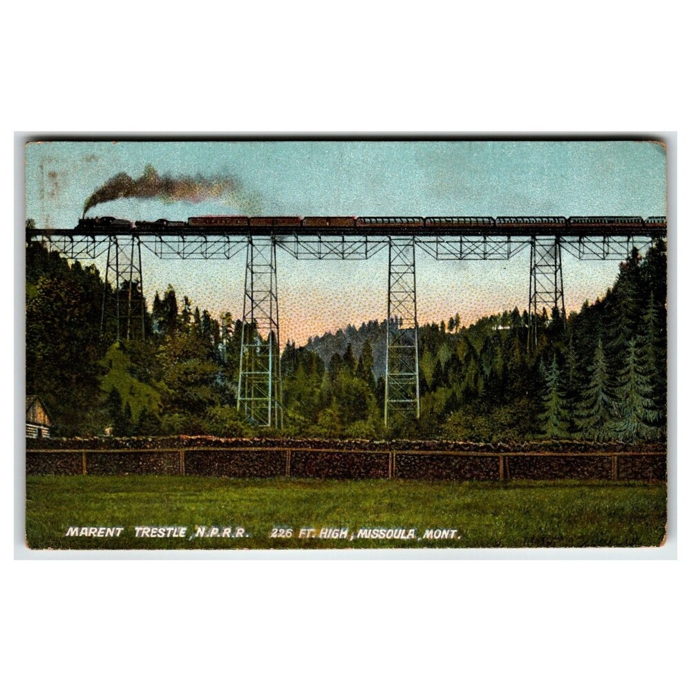 Marent Trestle Missoula MT N.P.R.R. Steam Train Postcard c.1910